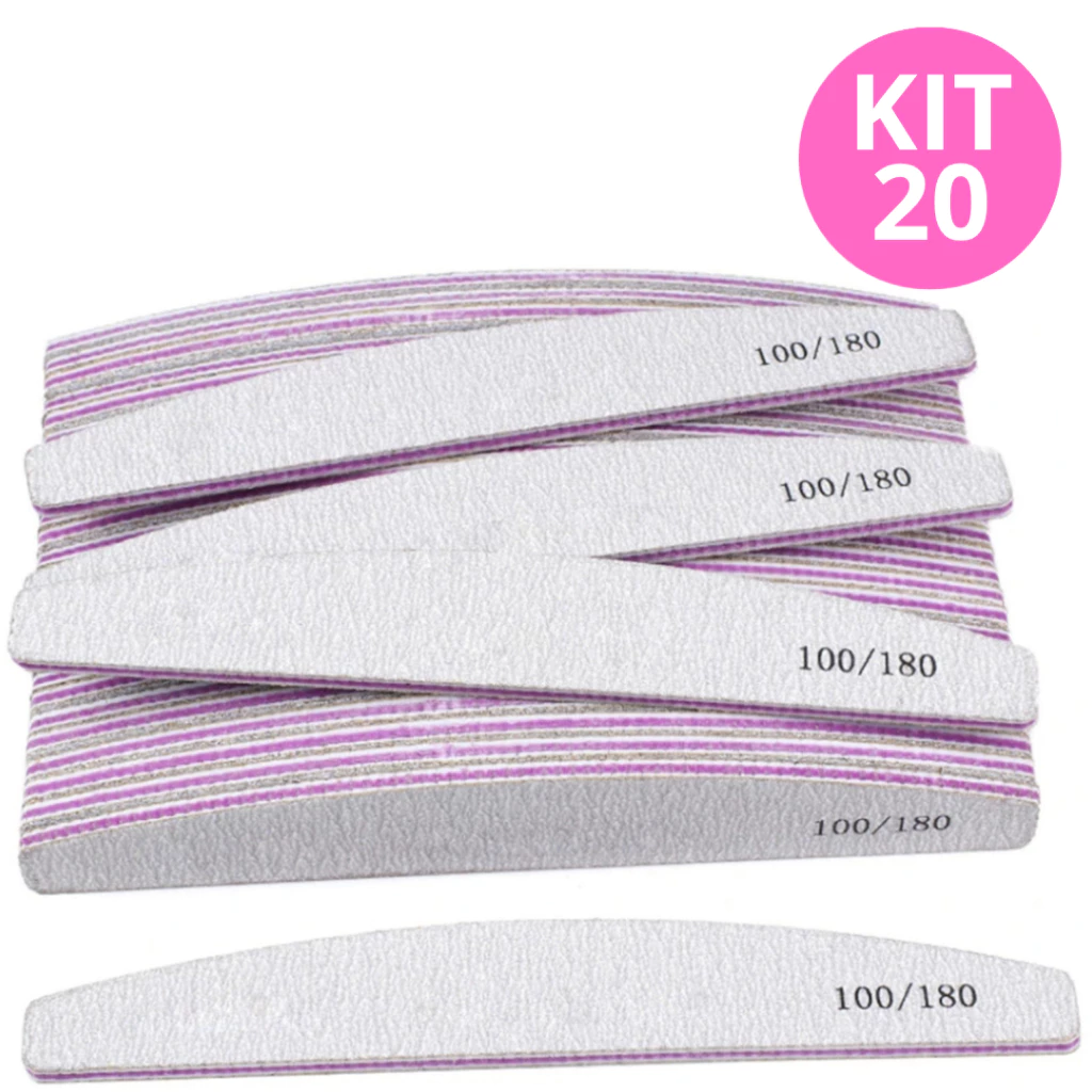 Kit 20 Lixas de Unha Bumerangue Lavável 100/180 Boomerang Alongamento Gel Fibra Lixa